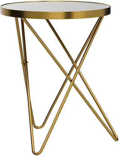 Miniatura 5 de HLR Juego de 2 mesas auxiliares redondas modernas, mesa auxiliar con parte superior de efecto mármol y marco de metal dorado, mesa auxiliar pequeña