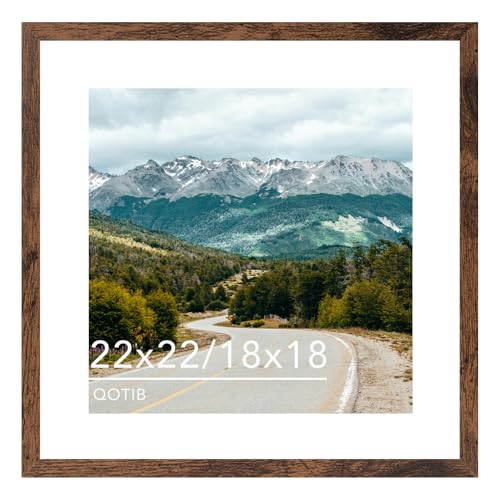 QOTIB Wood 22x22 Picture Frame with 18x18 Mat Deep Brown Display 18x18 with Mat or 22x22 without Mat Wood 22 by 22 Photo Frame 22 x 22 Frame for Wall Hanging Display Deep Brown