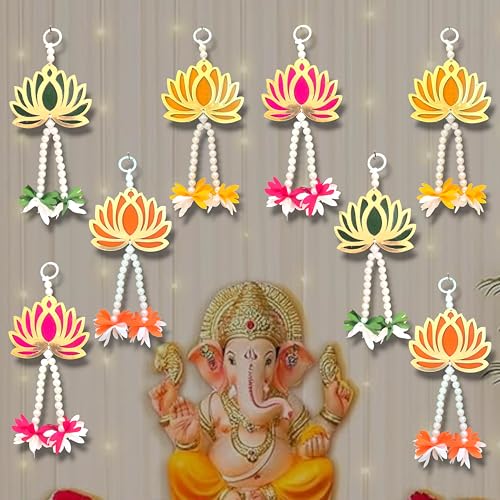 Image of Rajasthan Kraft Handmade Pack of 8 Multicolor Lotus Door Hanging with Pearl & Gajra Traditional Wall & Entrance Decor for Makar Sankranti, Lohri & Wedding Festive Home Decoration 8 Inch (RK-H-210-8)