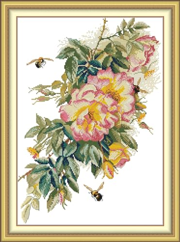 Image of Rosyfoxes Cross Stitch Kits Stamped Full Range of Embroidery Starter Kits for Beginners DIY- Printed Kit Bees and Roses(Printed) 11CT 3 Strands17.3x23.6inches