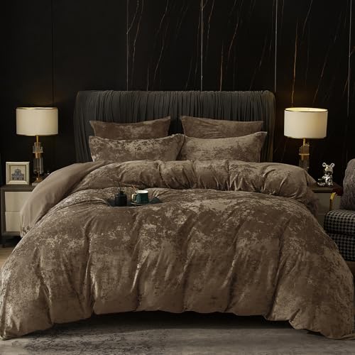 PHF Luxury Velvet Duvet Cover Set Twin Size, 3pcs 68" x 90", Dark Khaki
