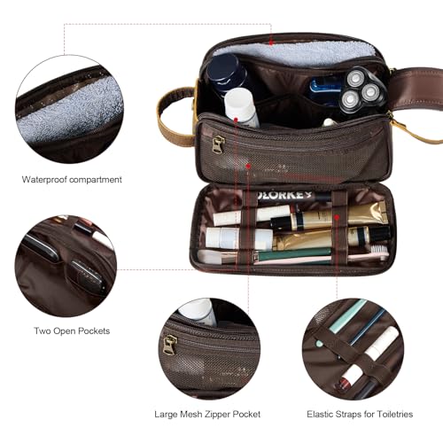 Toiletry Bag for Men, Full Grain Leather Travel Pouch Shaving Dopp Kit Bathroom Toiletries Organizer Bags, Brown4