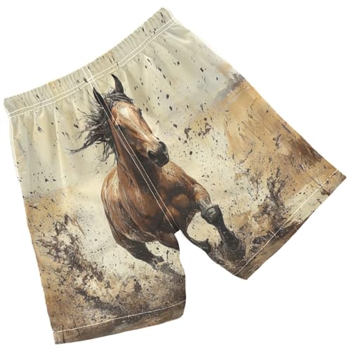 Pigsaly Boys' Swim Board Shorts Watercolor Tall Strong Brown Horse Boy's Swim Trunks Kids Swimwear M2