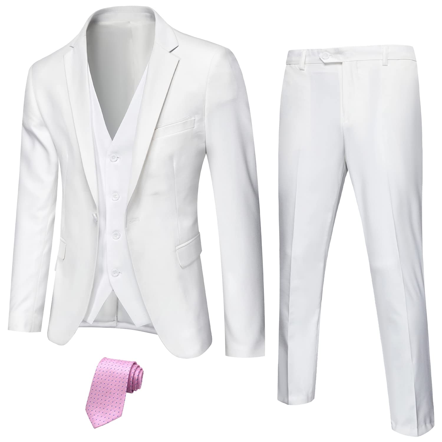 YNDMen's Slim Fit 3 Piece Suit Set, One Button Solid Blazer Vest Pants with Tie