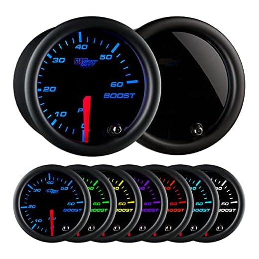 GlowShift Tinted 7 Color 60 PSI Turbo Boost Gauge Kit - Includes Mechanical Hose, 1/8-27 NPT Fittings & Wiring - Multi-Color Display - Black Dial - Smoked Lens - for Diesel Trucks - 2-1/16" 52mm