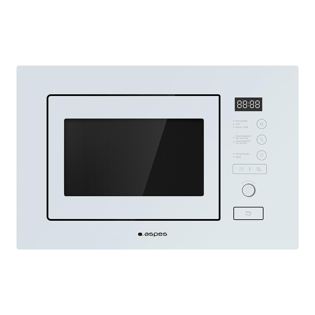 Aspes Microondas 20 Litros Integrable con Grill Cristal blanco AMWI2800DGB. 800W, Grill 1000W, 8 Programas, Modo Descongelación, Revestimiento Interior, Fácil Limpieza, Temporizador 95min.