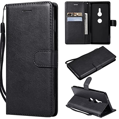 SATURCASE Hülle für Sony Xperia XZ2, Klassisch PU Lederhülle Magnetverschluss Brieftasche Kartenfächer Standfunktion Handschlaufe Handy Tasche Schutzhülle Handyhülle für Sony Xperia XZ2 (XD-Schwarz)