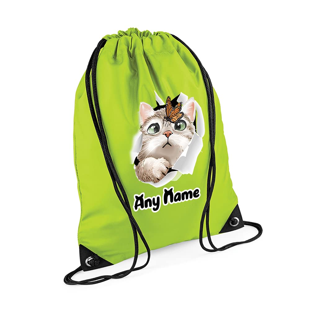 Personalised Butterfly on Cat face Hidden Cat Funny Kitten Cat Birthday Gift Drawstring Bag, PE Gym Kit, Swimming Rucksack. (Lime Green)