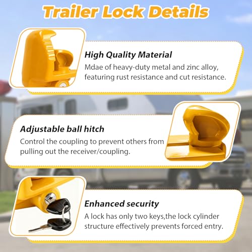 Image of Zinc Alloy Trailer Lock with Keys, Universal Trailer Tongue Lock(Yellow) | Compatible with 1-7 /8 inch, 2 inch, 2-5 /16 inch / 48mm, 51mm, 59mm Couplers, Fits Vehicles, Trailers and RVs