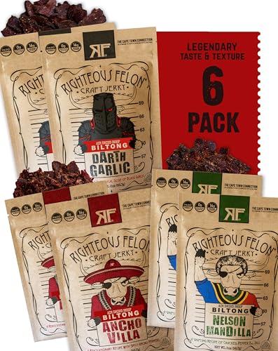 Righteous Felon Biltong Beef Jerky Variety Pack | South African Biltong Snack Packs for Adults | High Protein, Keto-Friendly, Low Sugar | Made with Premium Meats | Beef Jerky Gifts for Men | 6 Pack