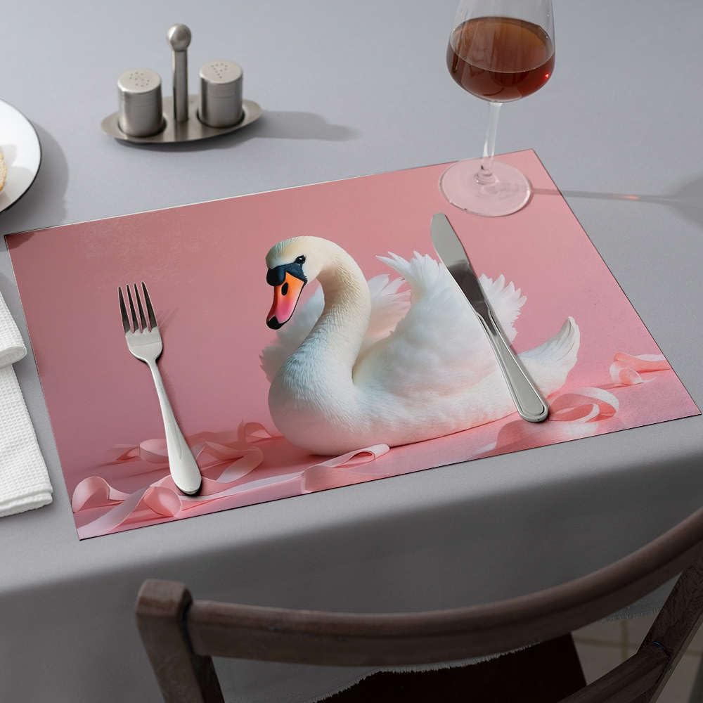 Set de table cygne blanc et rubans roses pour repas de Pâques féerique x6