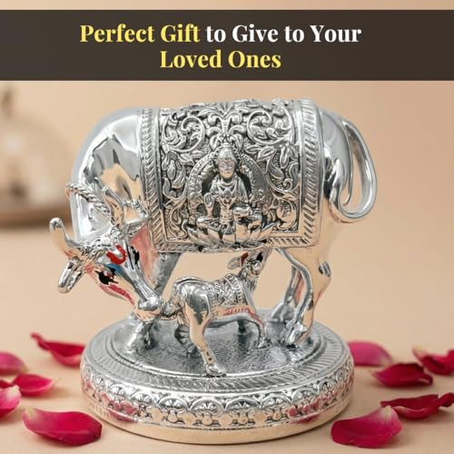 Image of 999 Pure Silver Plated Kamdhenu Cow Idol - 6 Inch Large Auspicious Vastu Home Decor for Pooja Room and Mandir - Sacred Symbol of Prosperity, Abundance and Success