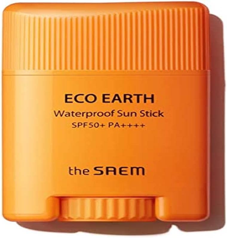 The Saem. Sunscreen in stick. Eco Earth Waterproof Sun Stick. SPF 50. Protects against UV rays. Water resistant. Brightening and anti-aging. Long-lasting.