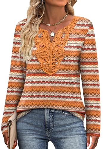 Image of XIEERDUO Boho Tops for Women Blouses Dressy Casual V Neck Long Sleeve Shirts Fall Outfits Trendy Vacation Clothes