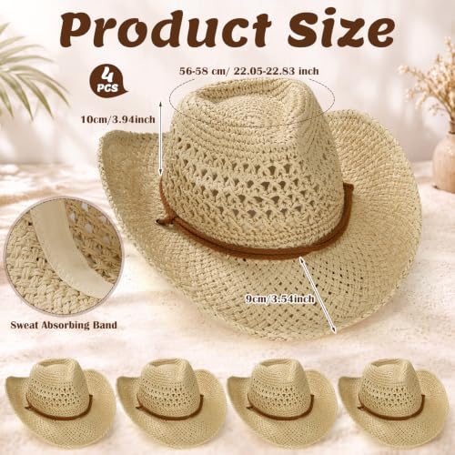 Image of Unittype 4 Pcs Straw Cowboy Hats with Windproof Rope