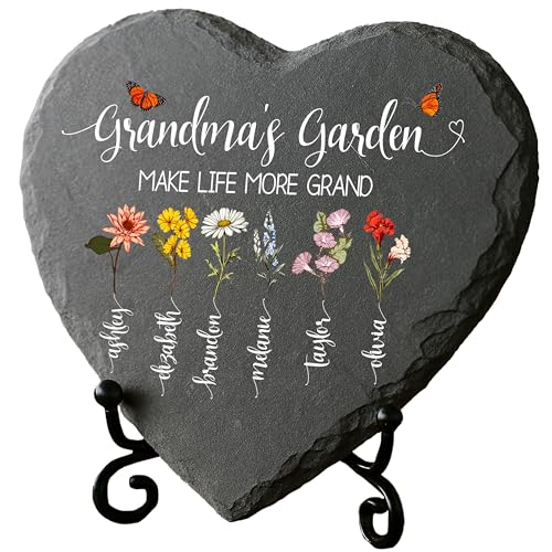 Personalized Grandma's Garden Slate Sign - Custom Heart Stone Keepsake W/Birth Month Flowers & Names - Mother's Day, Birthday Gift from Grandkids or Family - Indoor Outdoor Decor