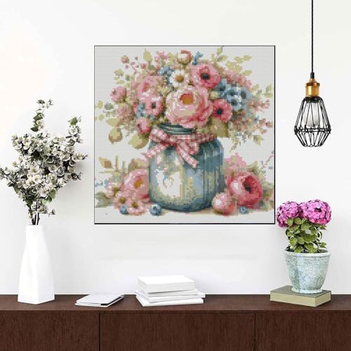 Image of MYBISYMQQ Stamped Cross Stitch Kits - Flower Embroidery Starter Kit for Adult Beginners, Cross Stitch Kits Embroidery Kit Arts and Crafts for Beginners,Crafts for Home Wall Decor 13.7x13.7 inches