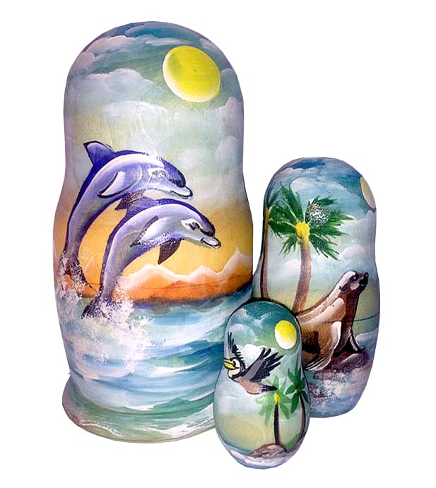 Coastal Dolphins, Seal & Pelican 3-Nest Matreshka Wooden Nesting Dolls Set - 14741 by G.DeBrekht