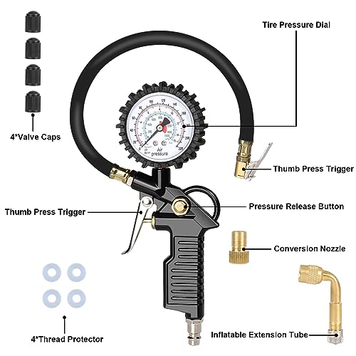 Gaethra Reifendruckprüfer mit Flexiblem Schlauch, Reifenfüller für Auto, Motorrad, Manometer Messbereich: 0-16 BAR/220 PSI