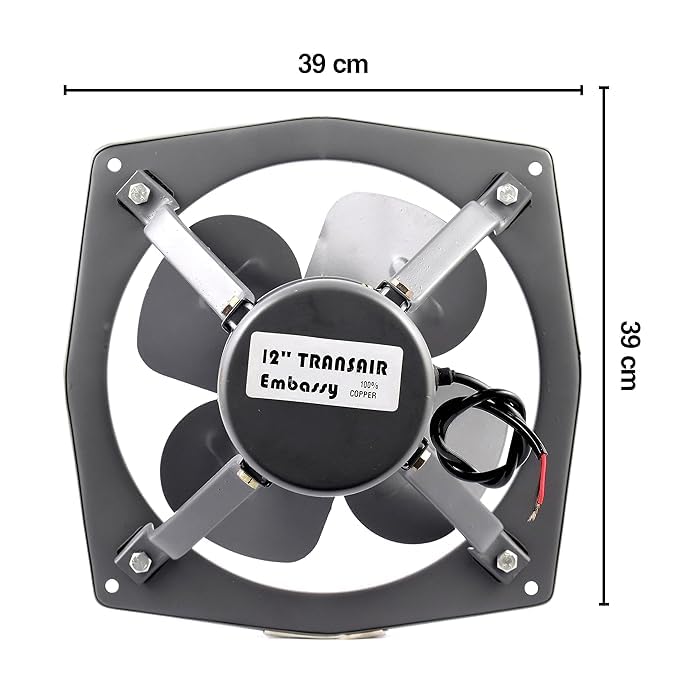 Image of Embassy Exhaust Fan 12 inch Trans Air DBB 300mm, 1350 RPM, Power 50w For Bathroom, Kitchen, Office | 2 Year Warranty | Copper Winding | Double ball bearing | Cut Out size 12x12 square inches