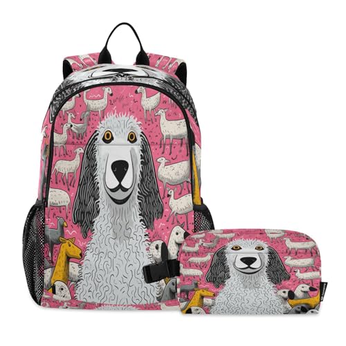 Sac à dos étudiant chien et mouton rose avec sac à déjeuner assorti