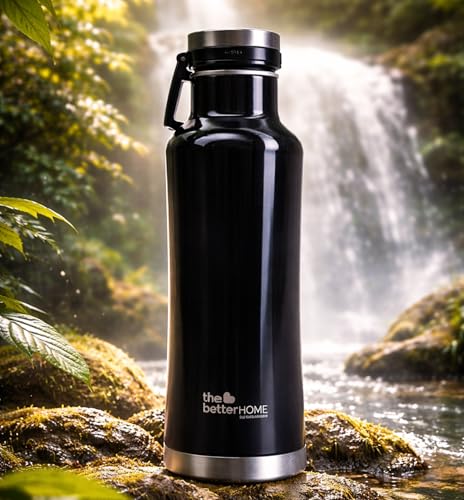 The Better Home Insulated Water Bottle with Holder | Double Walled Stainless Steel 1 Litre | Hot and Cold Water Bottle| Ideal for Outdoor Activities, Home, Office | Black