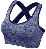 FITTIN Cross Back Sports Bras for Women - Padded Seamless Blue Sports Bra for Yoga Gym Workout...
