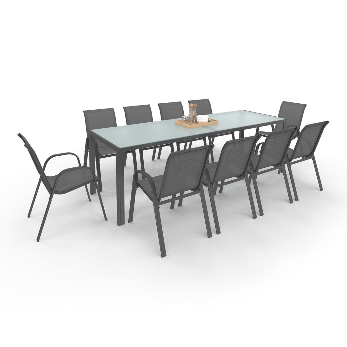 IDMarket - Salon de Jardin Madrid Table 240 CM et 10 chaises empilables Gris Anthracite Plateau Clair