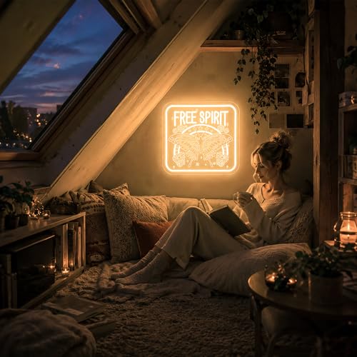Image of Free Spirit Neon Sign for Wall Decor Positive Light Up Sign Inspiration Butterfly Led Signs for Room Party Home Motivational Wall Decor USB Powered