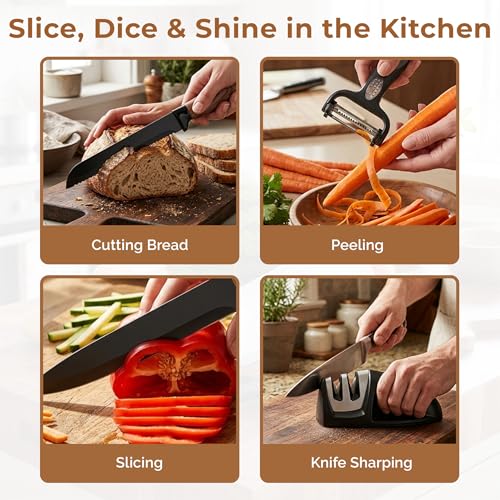 Image of HomeEssentials Premium 9-Piece Knife Set with Sharpener & Kitchen Shears - Razor Sharp Stainless Steel Blades, Ergonomic Wood-Style Handles, Rust Resistant, Perfectly Balanced Kitchen Knife Set