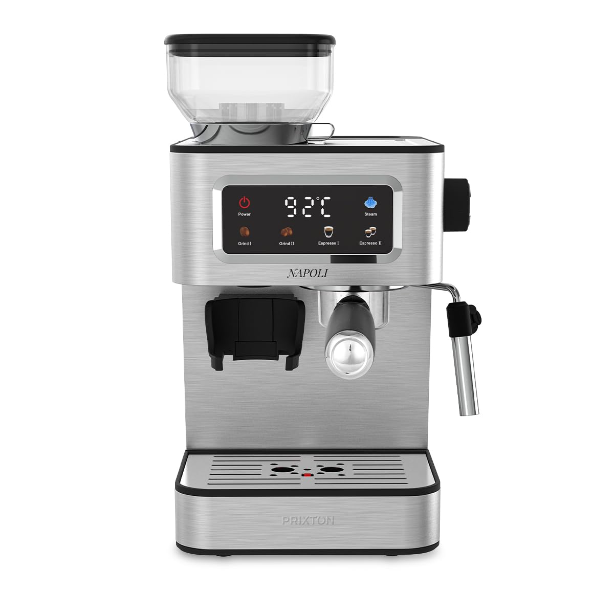 Prixton Caffettiera Espresso Napoli con Macinino Integrato 22 Livelli, 20 Bar, 1350W, Filtro a Doppia Uscita, Vaporizzatore regolabile, Compatibile con Caffè a Grana, Macinato e Capsule