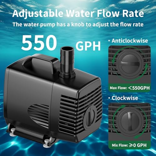 Image of 550GPH Submersible Pump 50W Ultra Quiet Fountain Water Pump, 2500L /H, with 8.2ft High Lift, 3 Nozzles for Aquarium, Fish Tank, Pond, Hydroponics, Statuary(Black)