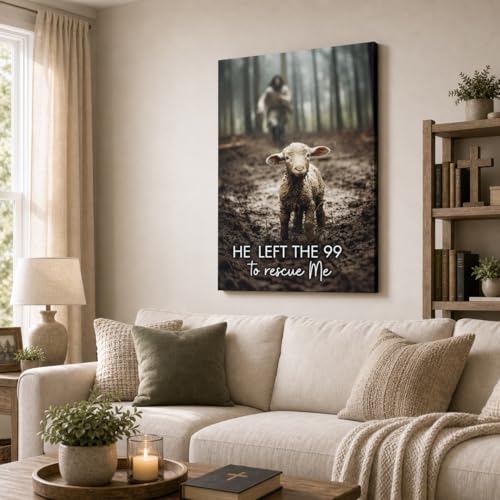 Image of GUN SUPPLIES OUTLET LLC Jesus With The Sheep Wall Art - Running After Lamb Canvas Print - He Left the 99 to Rescue Me - Christian Wall Art 12x16 inch