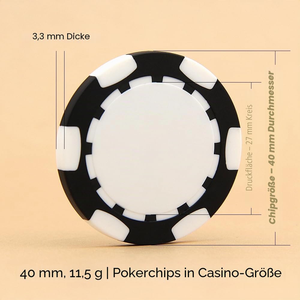 40 mm individuelle Pokerchips mit Ihrem Text, Logo oder Design für Hochzeiten, Jubiläen, Partys, Firmenveranstaltungen und Spendenaktionen, 100 farbige 11,5 g Pokerchips in Casino-Größe (schwarz)