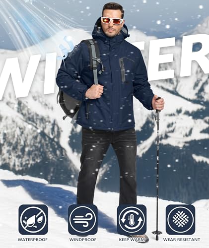 Image of Mens Winter Jackets Waterproof Warm Fleece Ski Jacket with Hood Thermal Windproof Coat Zip Pockets
