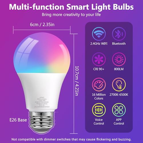 DAYBETTER Smart Light Bulbs, RGBCW Color Changing Smart Bulb Compatible with Alexa & Google Home,Preset Scene, Music Sync, A19 E26 2.4G WiFi Bluetooth Dimmable LED Bulbs, 60W Equivalent, 800LM, 6 Pack - Image 5