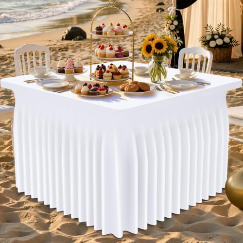 Image of Smiry 2 Pack Spandex Elastic Fitted Table Cloth Skirt for 3FT Table | Stretch Washable Table Cloth, Banquet Table Cover for Wedding, Party, Indoor & Trade Shows, (White, 34Lx34Wx30H)
