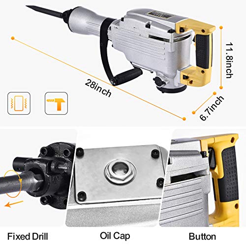 Catinbow 2700W Electric Demolition Jack Hammer 110V Heavy Duty Concrete Breaker Hammer 1900 BPM Jack Hammer Demolition Drills with Flat Chisel Bull Point Chisel