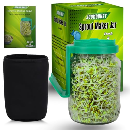 Image of JOOMOUNEY Sprouts Making Glass Jar with Seeds, Sprouter with Mesh Lid | Reusable Sprout Maker Jar for Beans Grains & Seeds | Odor-Free Easy Drainage Hygienic BPA-Free(GREEN PACK OF ONE)