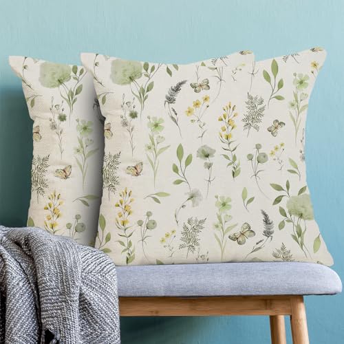 Image of AEIOAE Spring Pillow Covers 22x22 Inch Set of 2, Sage Green Yellow Wild Flower Throw Pillows Case,Colorful Seasonal Floral Plant Outdoor Decorative Farmhouse Decor Cushion Covers for Sofa Bed Couch