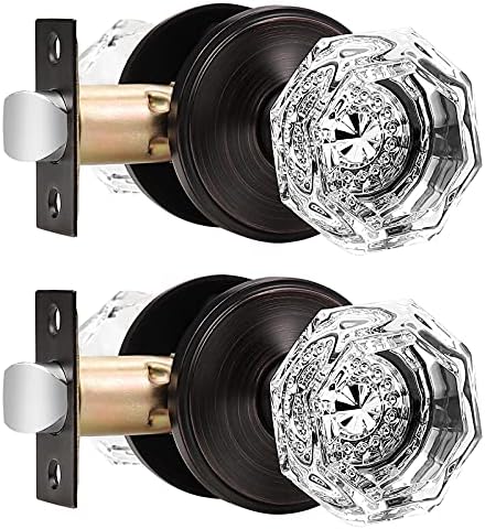 Orger Passage Door Knobs for Interior Hall/Closet, Octagon Clear Crystal Glass Door Knobs with Round Oil Rubbed Bronze Rosette, Keyless Non-Locking Passage Door Handles, 2 Pack