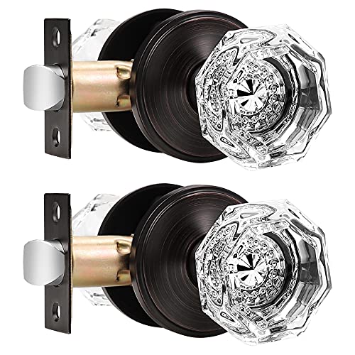 Orger Passage Door Knobs For Interior Hall/Closet, Octagon Clear Crystal Glass Door Knobs With Round Oil Rubbed Bronze Rosette, Keyless Non-Locking Passage Door Handles, 2 Pack #TOP9