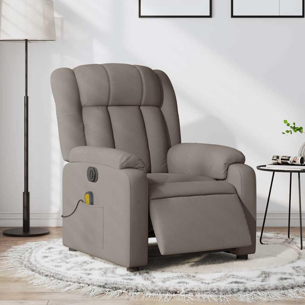 Elektrischer Massagesessel aus Stoff Taupe mit 6 Vibrationspunkten und stabilem Rahmen, automatische Neigungsfunktion um 135 Grad und bequeme Armlehnen
