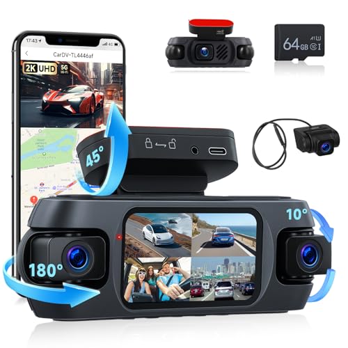 Image of 4K 360Dash Cam Front Rear Left Right Inside with WiFi GPS, 4 Channel 4K Ultra HD Dash Camera for Cars Night Vision, G Sensor, 24 /7 Parking Mode, Loop Recording+64GB TF Card