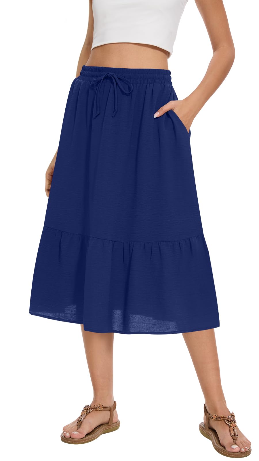 Womens Midi Skirt Summer Tiered Flowy High Waisted Casual Skirts with Pockets