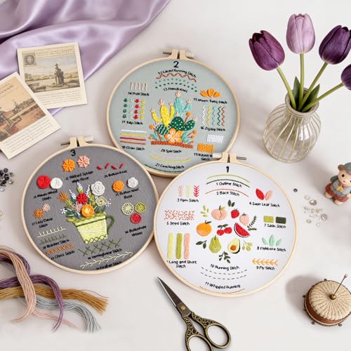 Image of Embroidery Kit for Adult Beginners, 3 Pack Embroidery Stitches Practice Kit to Learn 31 Stitches, with Step-by-Step Instructions & Videos, Tools, DIY Needlework Craft Gift for Craft Lovers Women