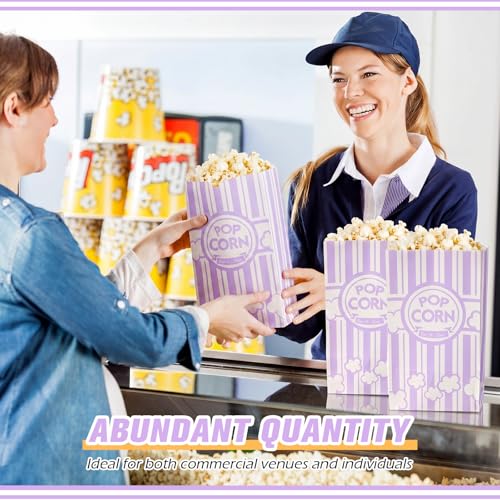 Image of Leinuosen 200 Pcs Paper Popcorn Bags Bulk 2 oz Large Flat Bottom Boxes Disposable Container Sleeve Movie Night Popcorn Bucket for Retro Movie Themed Party Carnival Supplies (Light Purple)