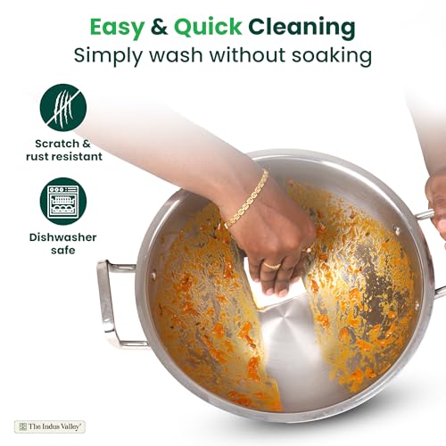 Image of The Indus Valley Triply Stainless Steel Deep Kadai /Kadhai 2.6 LTR with Stainless Steel Lid | 22 cm / 8.66 inch,1.64kg | Induction Friendly | Nonstick 3-Layer Body, 100% Pure & Toxin-Free
