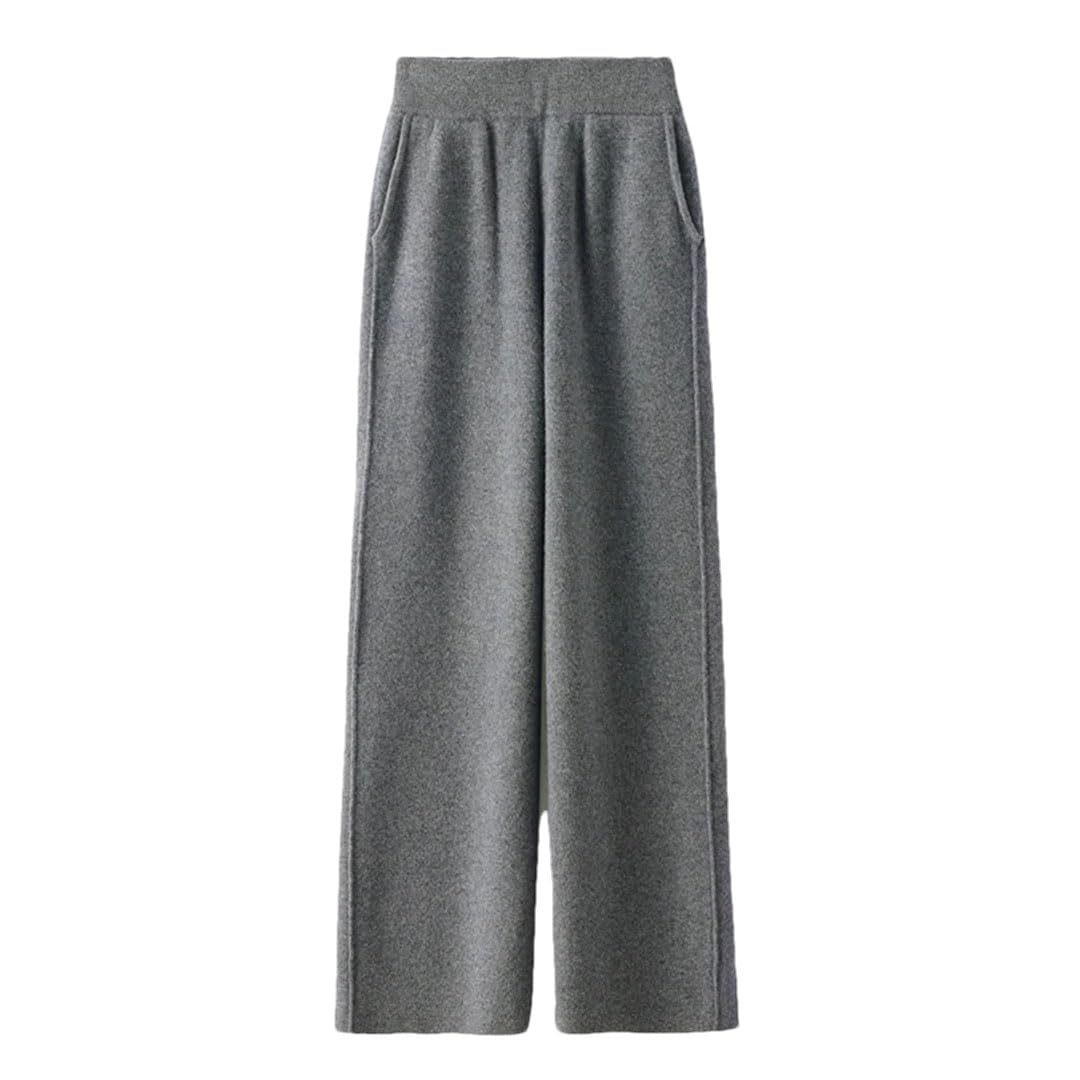 Womens Wide Leg Pants 100 Percent Merino Wool Knitted Trousers Warm with Pocket Office High Waist Pants