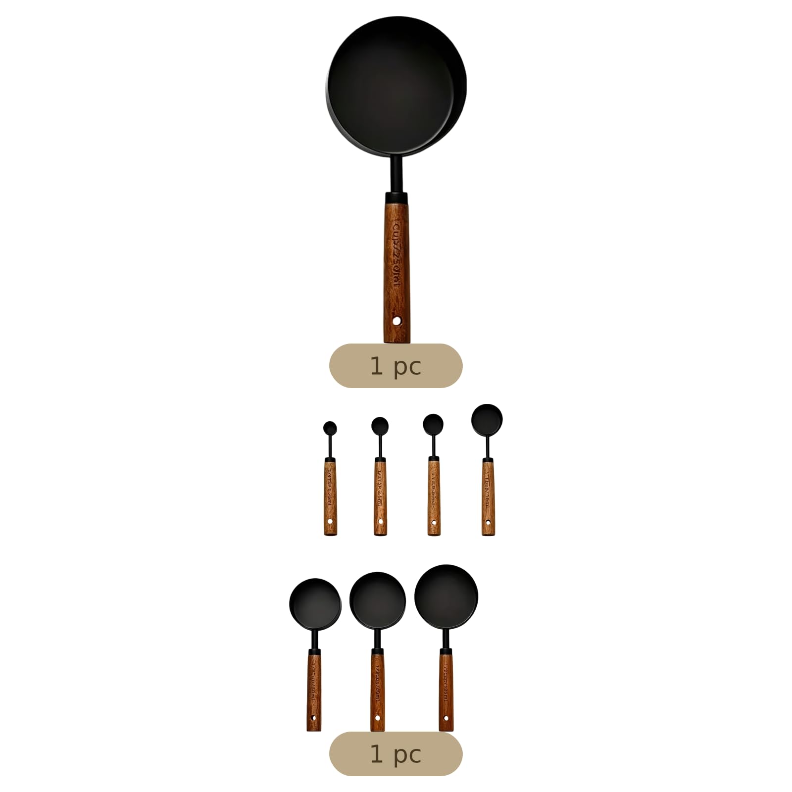 8-teiliges Messbecher- und Messlöffel-Set, matt schwarz aus Edelstahl für die Küche, mit Holzgriffen, graviert, für präzises Kochen, Backen und Essensvorbereitung